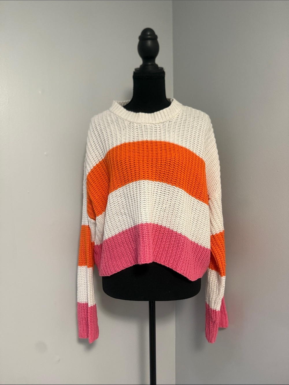 moon & madison White, Orange & Pink Striped Crewneck Sweater